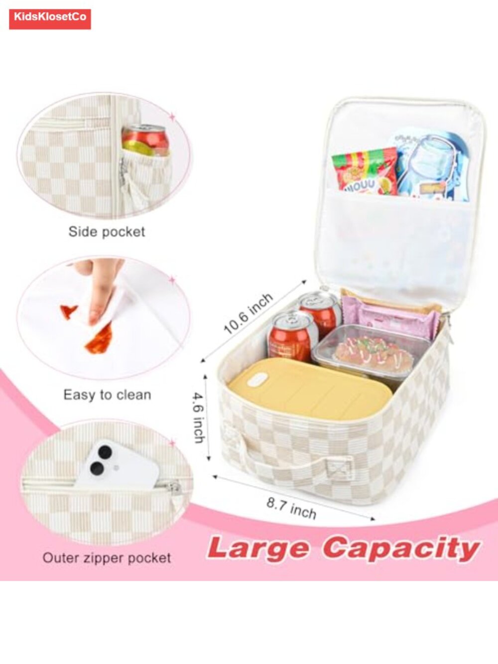 Insulated Quilted Lunch Bag for Women Work School Picnic Large Capacity - Picture 2 of 6